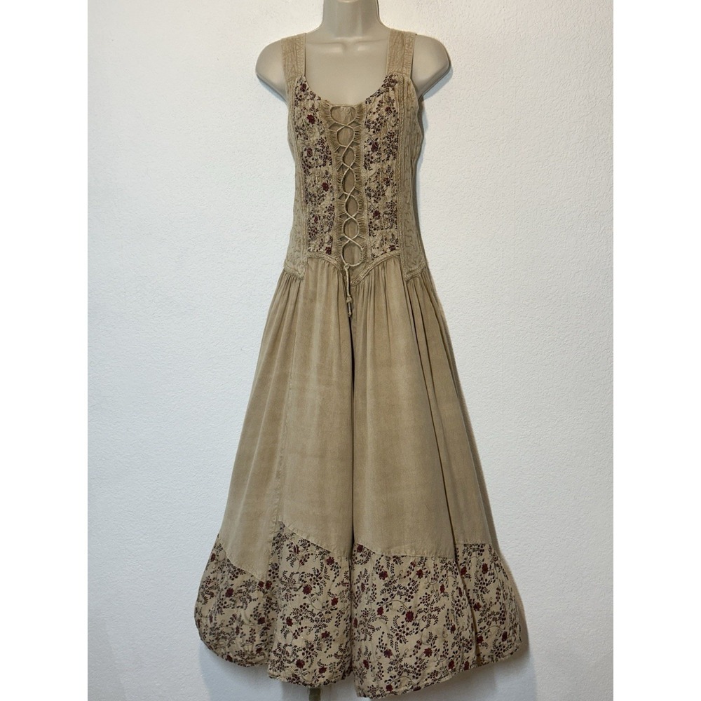 Vtg 90s Whimsigoth Lace Up Corset Maxi Dress Beige Embroidered Mixed Media Boho - Picture 3 of 8